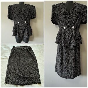 Vintage Pistachio Black Blouse with White Polka Dots 2 piece set